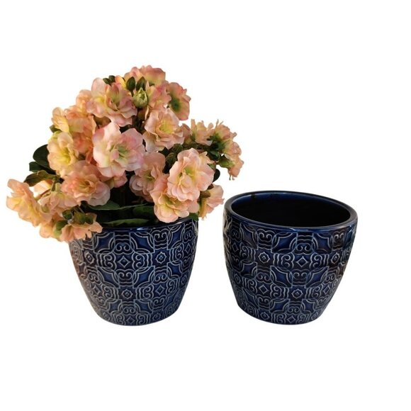Blue Mediterranean Bell Ceramic Planter Decorative Set Of 2 Fits 4 Inch Pots Ind - Picture 3 of 9
